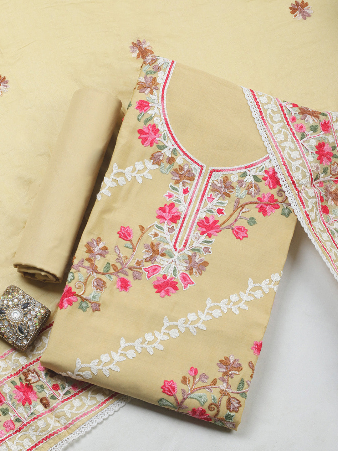 Beige Embroidery Art Silk Unstitched Dress Material