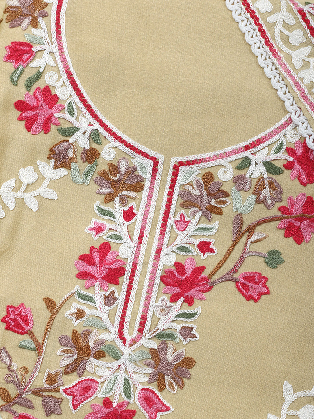 Beige Embroidery Art Silk Unstitched Dress Material