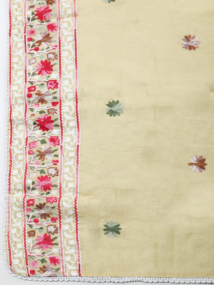Beige Embroidery Art Silk Unstitched Dress Material