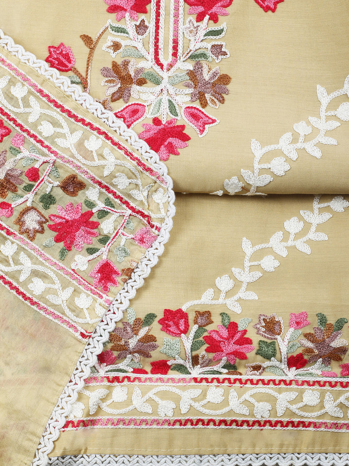Beige Embroidery Art Silk Unstitched Dress Material