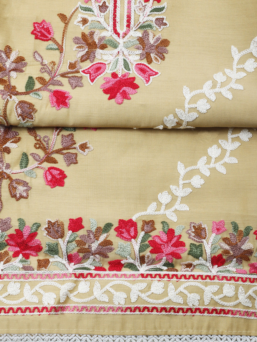 Beige Embroidery Art Silk Unstitched Dress Material