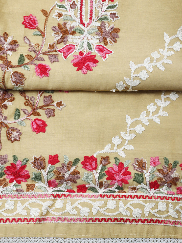 Beige Embroidery Art Silk Unstitched Dress Material