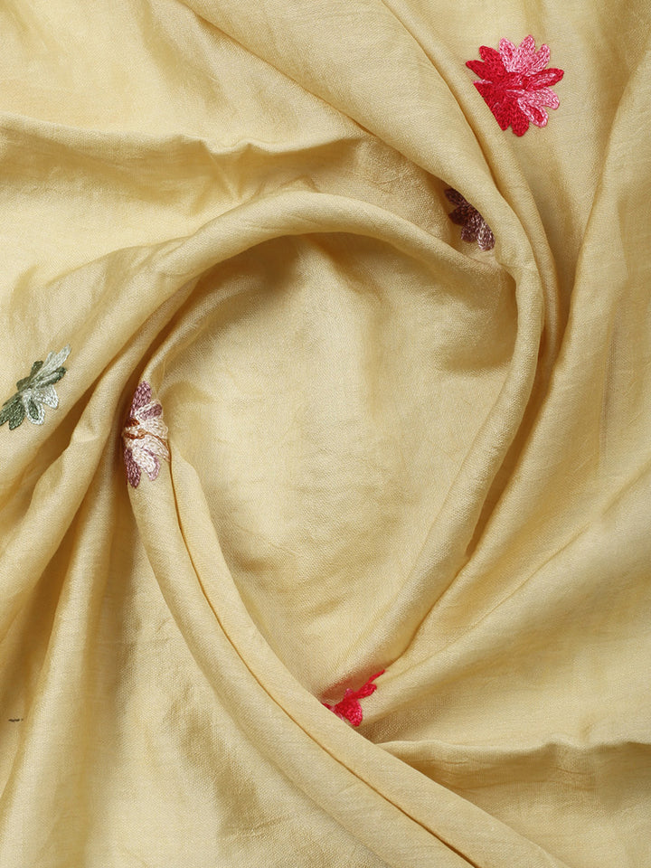 Beige Embroidery Art Silk Unstitched Dress Material