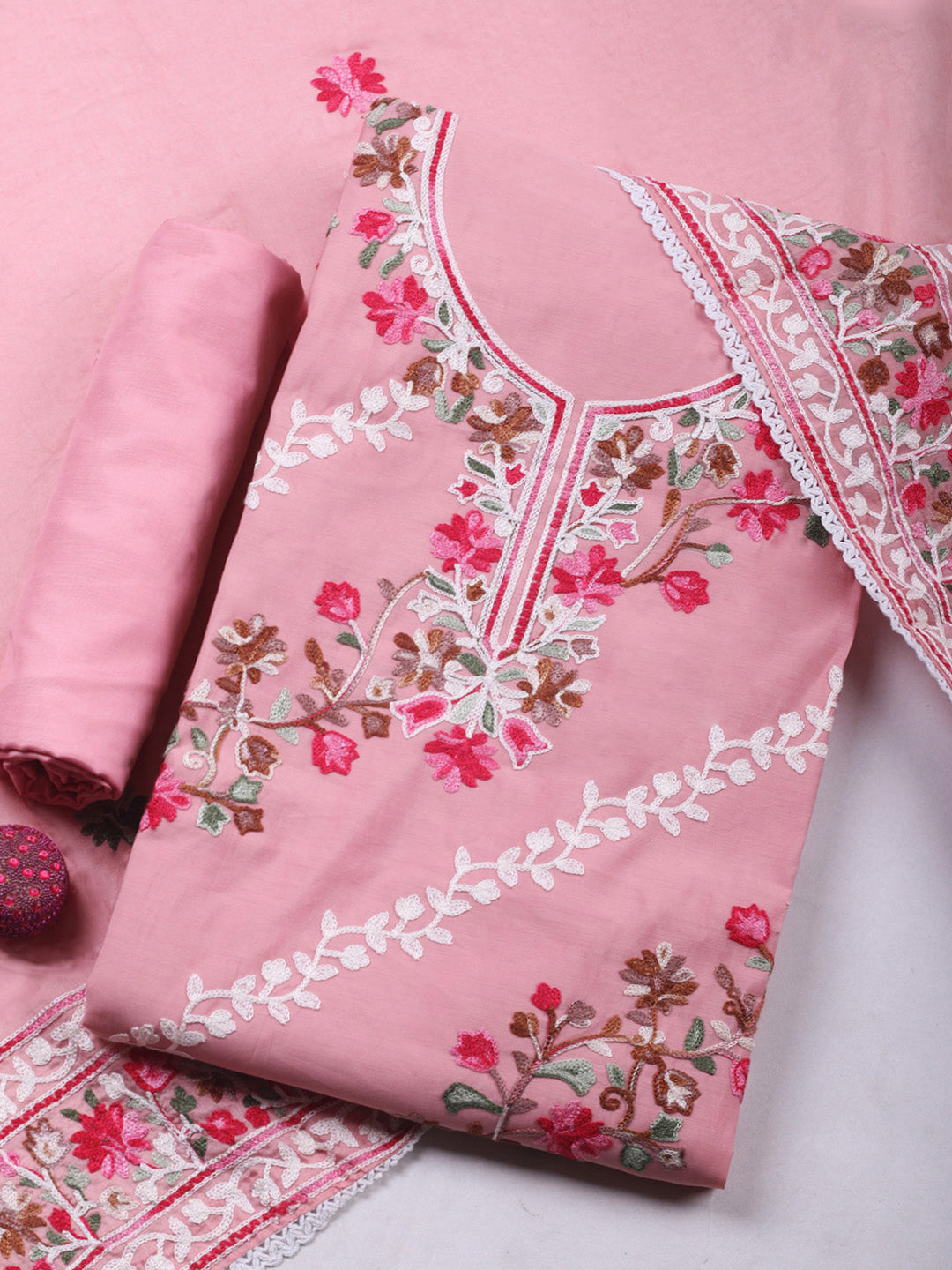 Peach Embroidery Art Silk Unstitched Dress Material