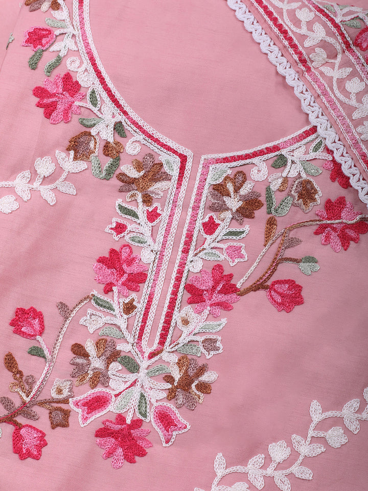 Peach Embroidery Art Silk Unstitched Dress Material