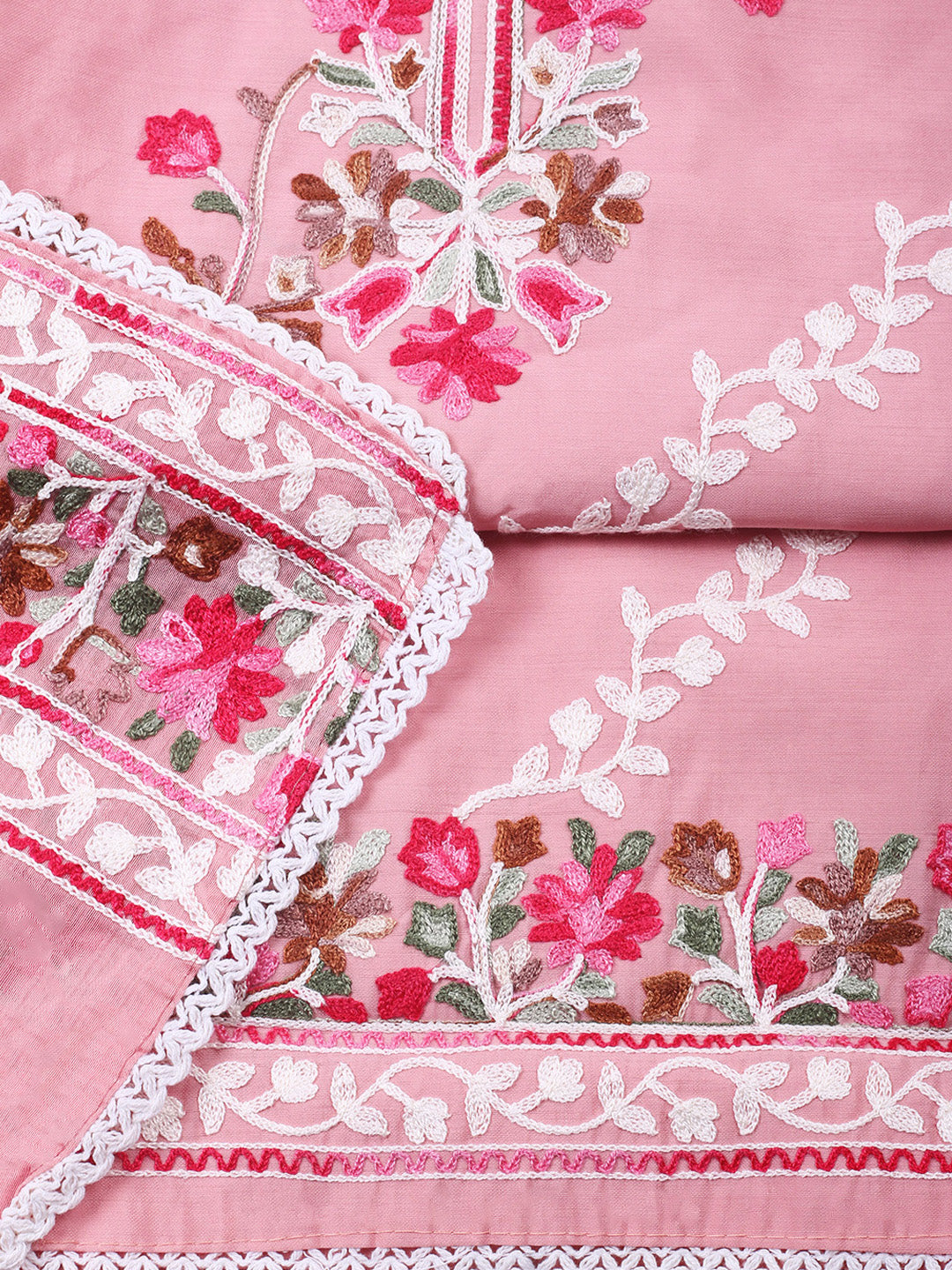Peach Embroidery Art Silk Unstitched Dress Material