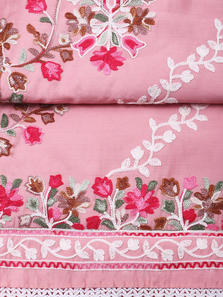 Peach Embroidery Art Silk Unstitched Dress Material