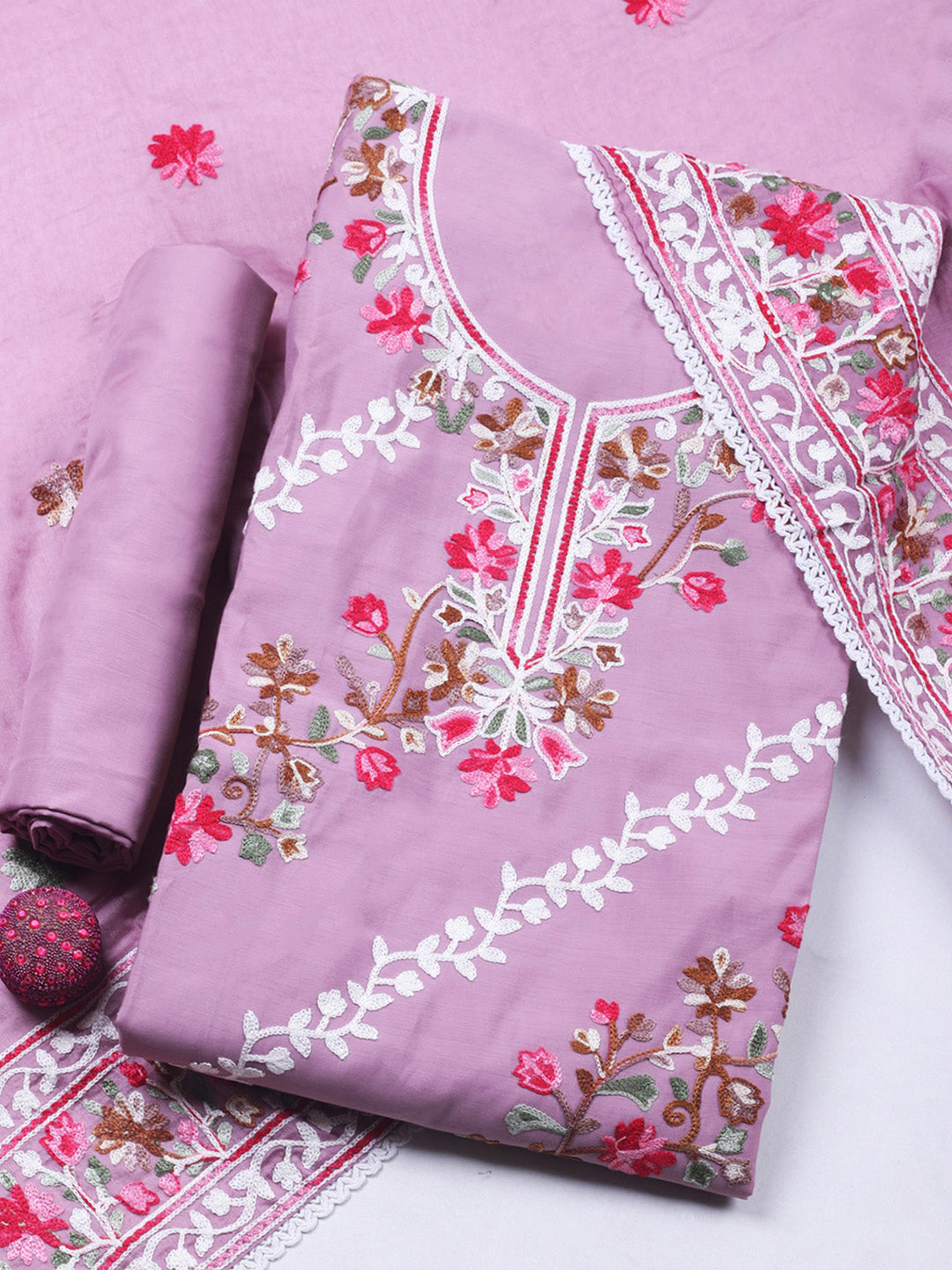 Pink Lavender Embroidery Art Silk Unstitched Dress Material