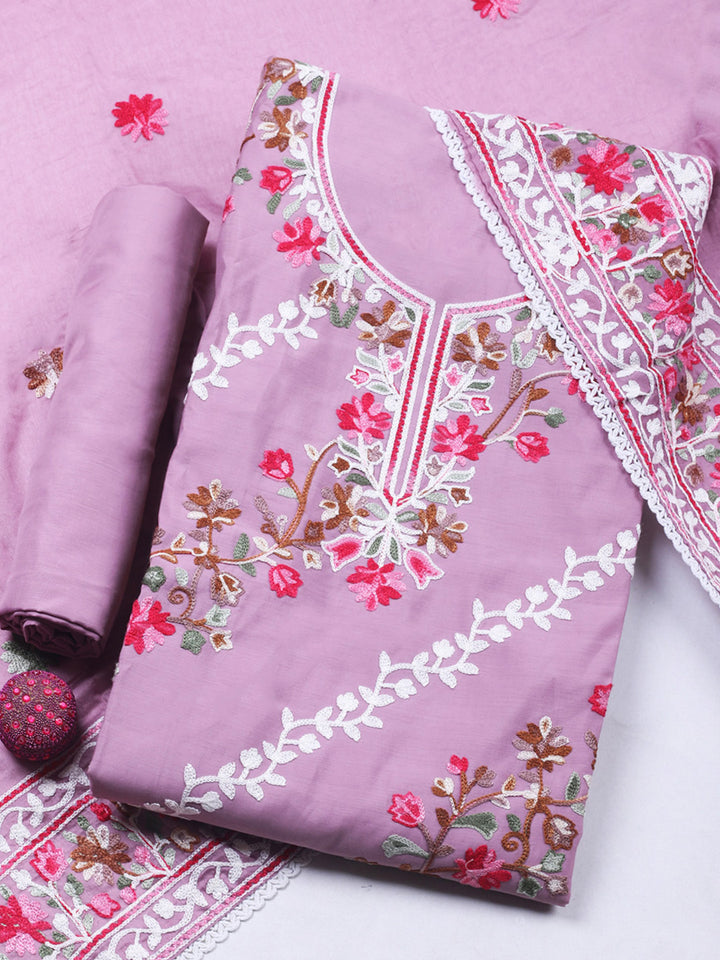 Pink Lavender Embroidery Art Silk Unstitched Dress Material