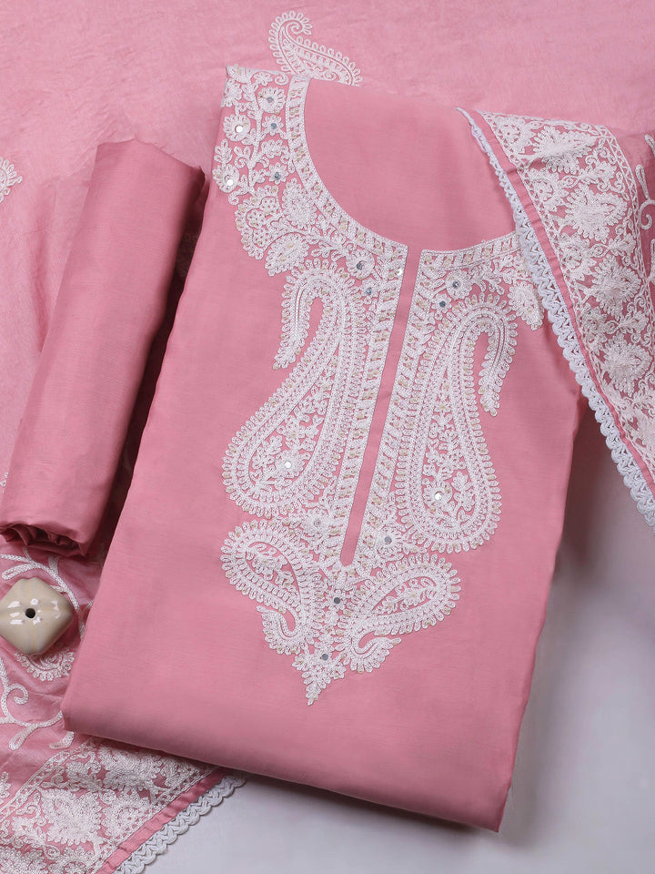 Peach Embroidery Cotton Blend Unstitched Dress Material