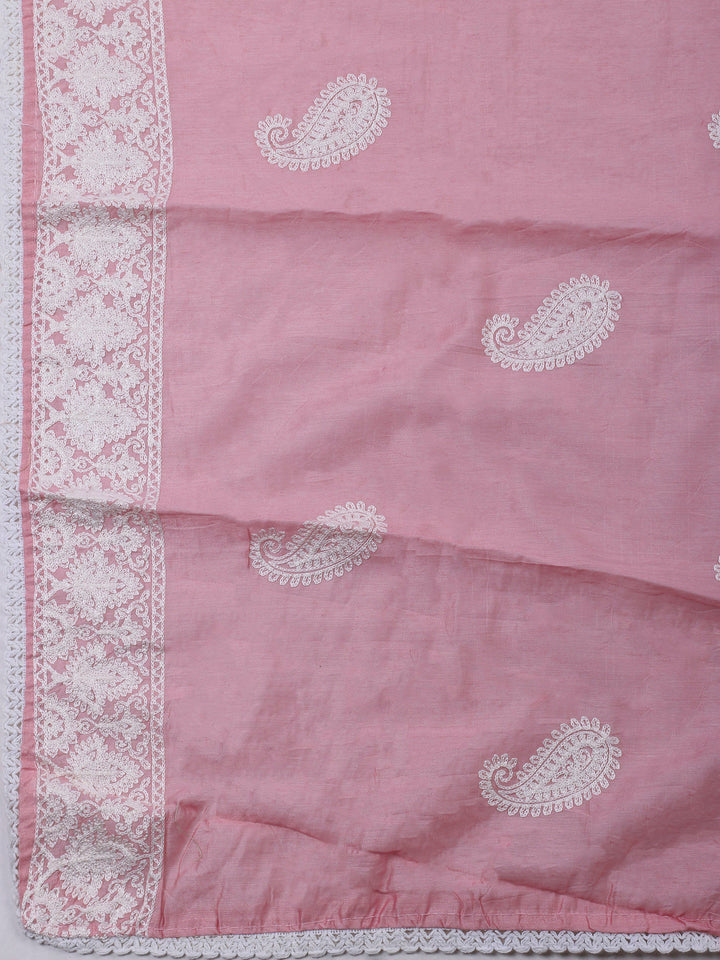 Peach Embroidery Cotton Blend Unstitched Dress Material