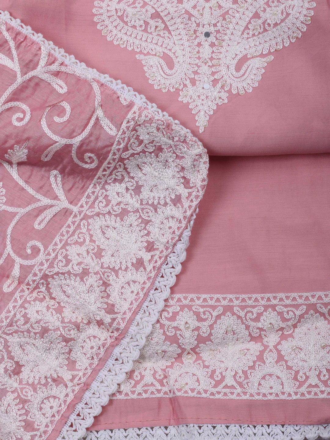 Peach Embroidery Cotton Blend Unstitched Dress Material