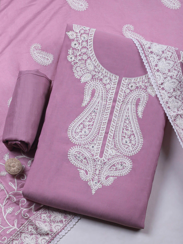 Pink Lavender Embroidery Cotton Blend Unstitched Dress Material