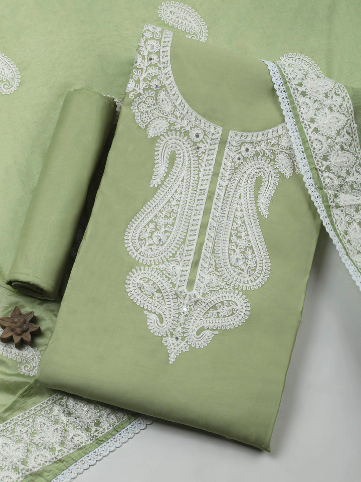 Pista Green Embroidery Cotton Blend Unstitched Dress Material