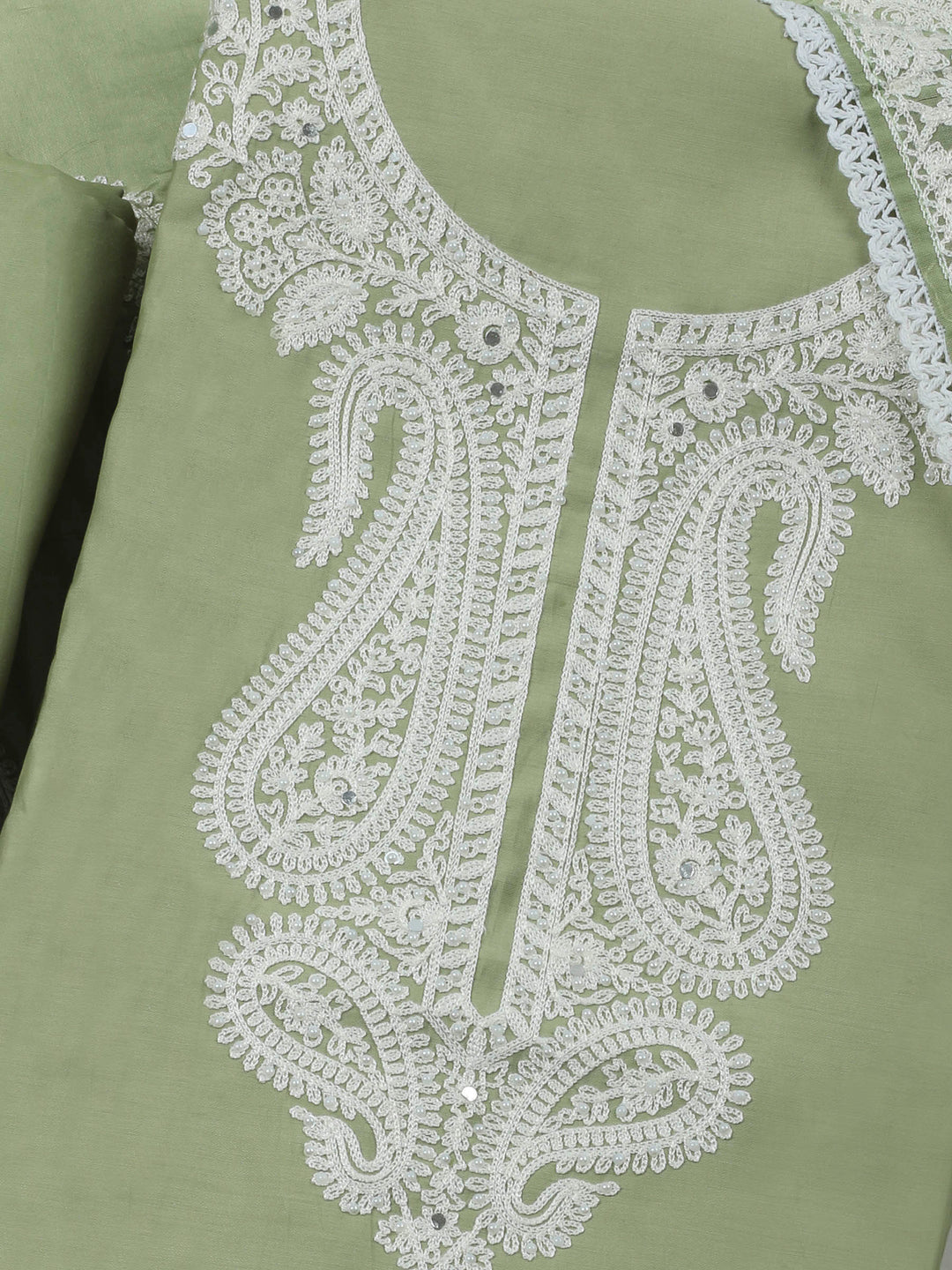 Pista Green Embroidery Cotton Blend Unstitched Dress Material