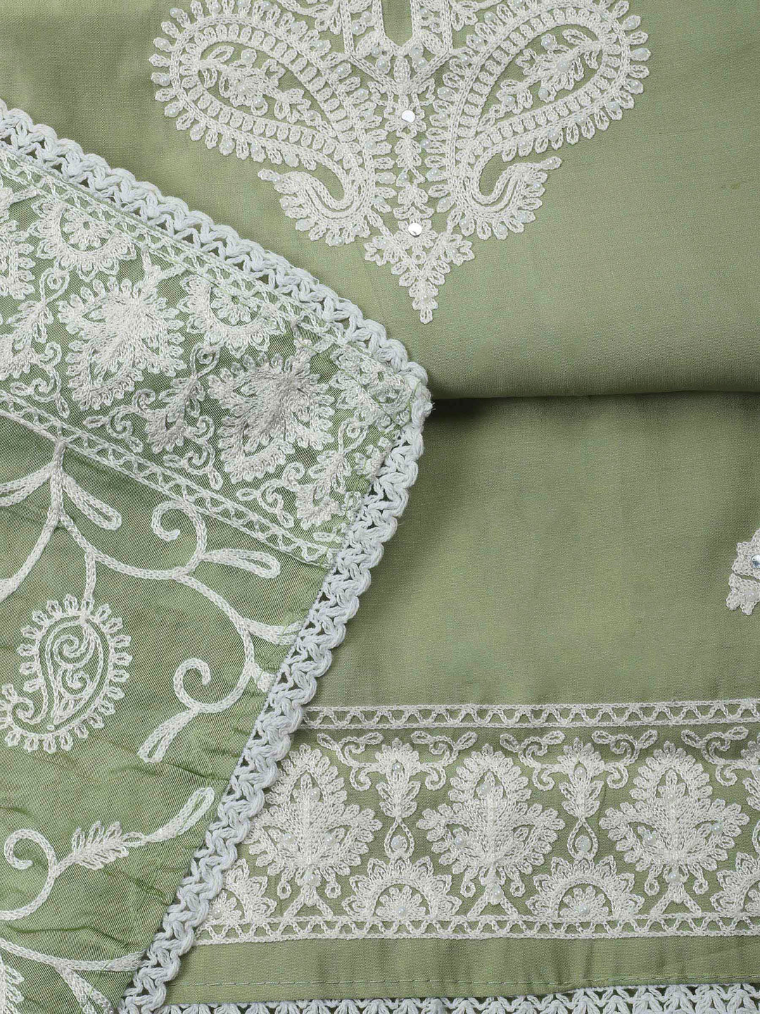 Pista Green Embroidery Cotton Blend Unstitched Dress Material