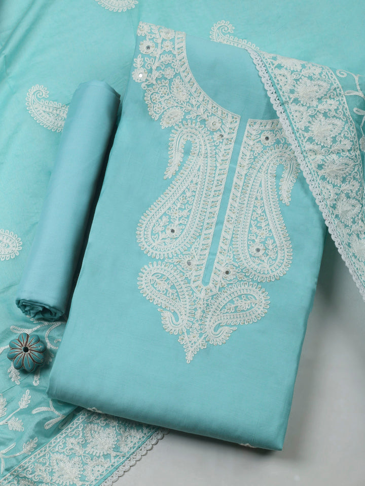 Sky Blue Embroidery Cotton Blend Unstitched Dress Material