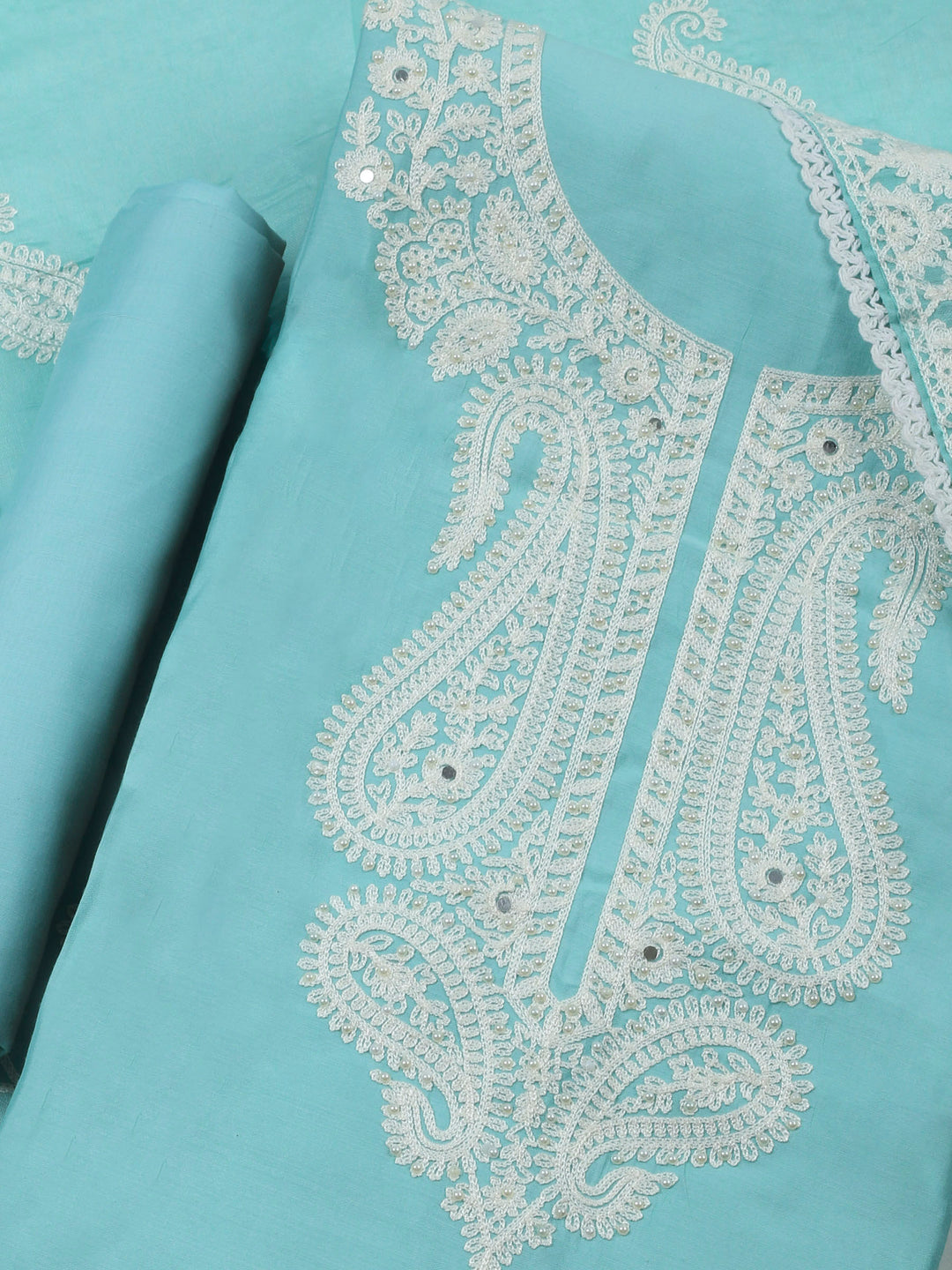 Sky Blue Embroidery Cotton Blend Unstitched Dress Material