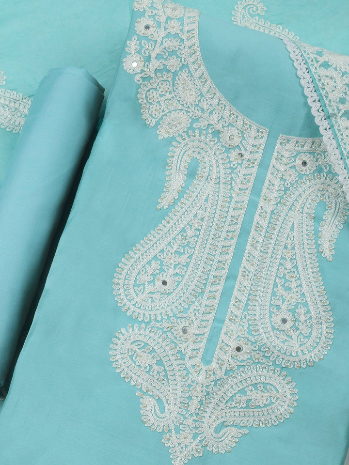 Sky Blue Embroidery Cotton Blend Unstitched Dress Material