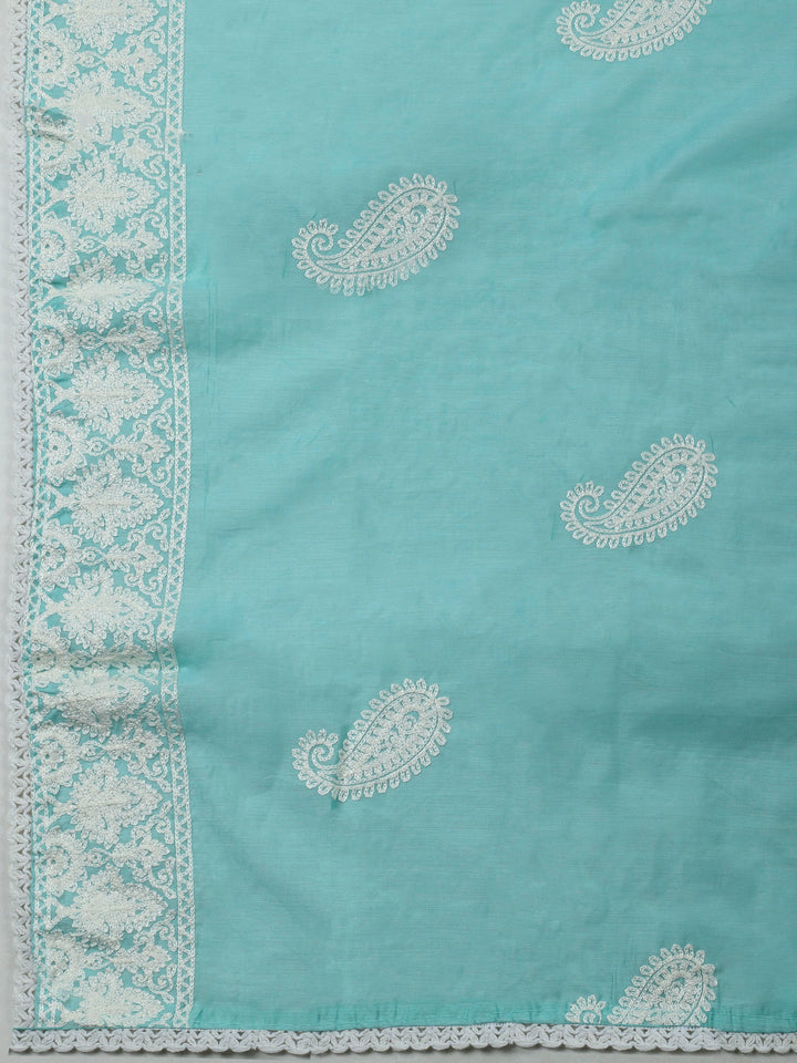 Sky Blue Embroidery Cotton Blend Unstitched Dress Material