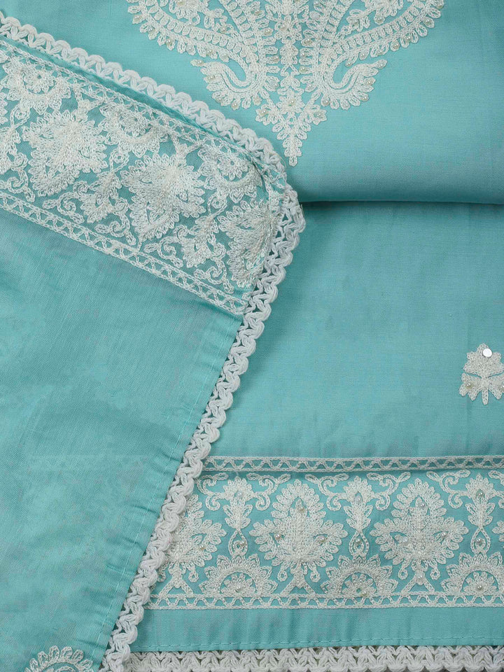 Sky Blue Embroidery Cotton Blend Unstitched Dress Material
