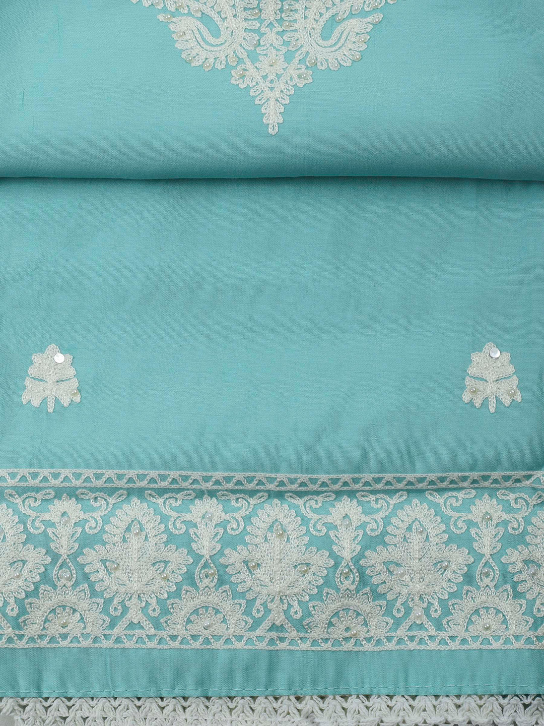 Sky Blue Embroidery Cotton Blend Unstitched Dress Material