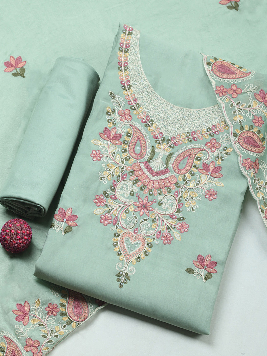 Aqua Green Embroidery Art Silk Unstitched Dress Material