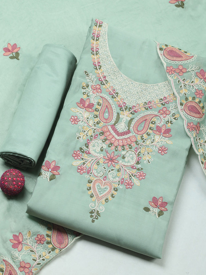 Aqua Green Embroidery Art Silk Unstitched Dress Material