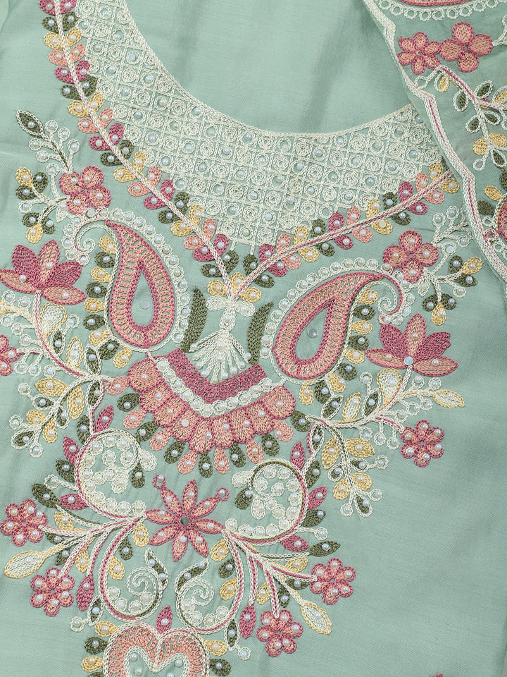 Aqua Green Embroidery Art Silk Unstitched Dress Material