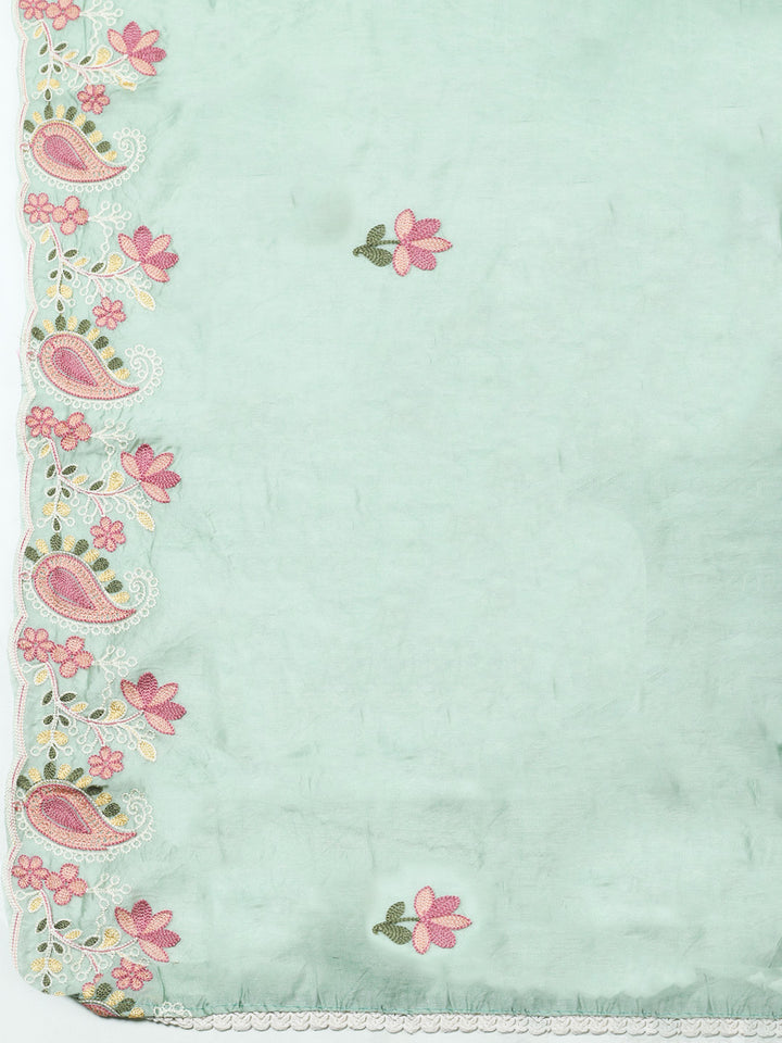 Aqua Green Embroidery Art Silk Unstitched Dress Material