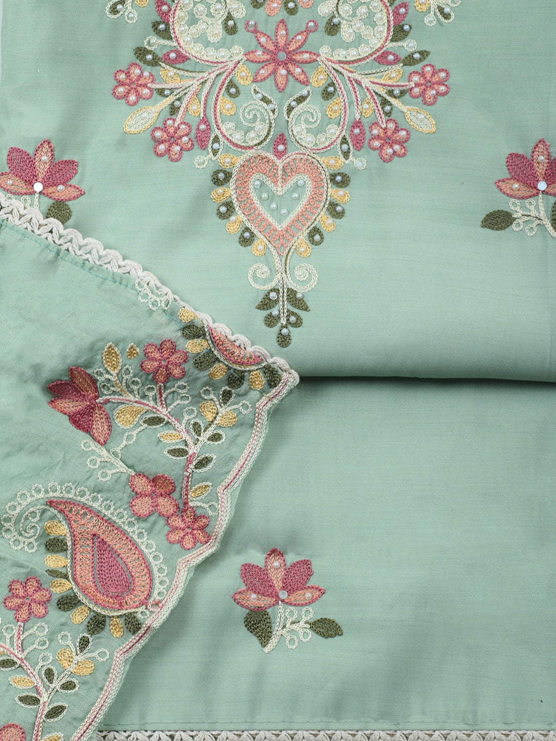 Aqua Green Embroidery Art Silk Unstitched Dress Material