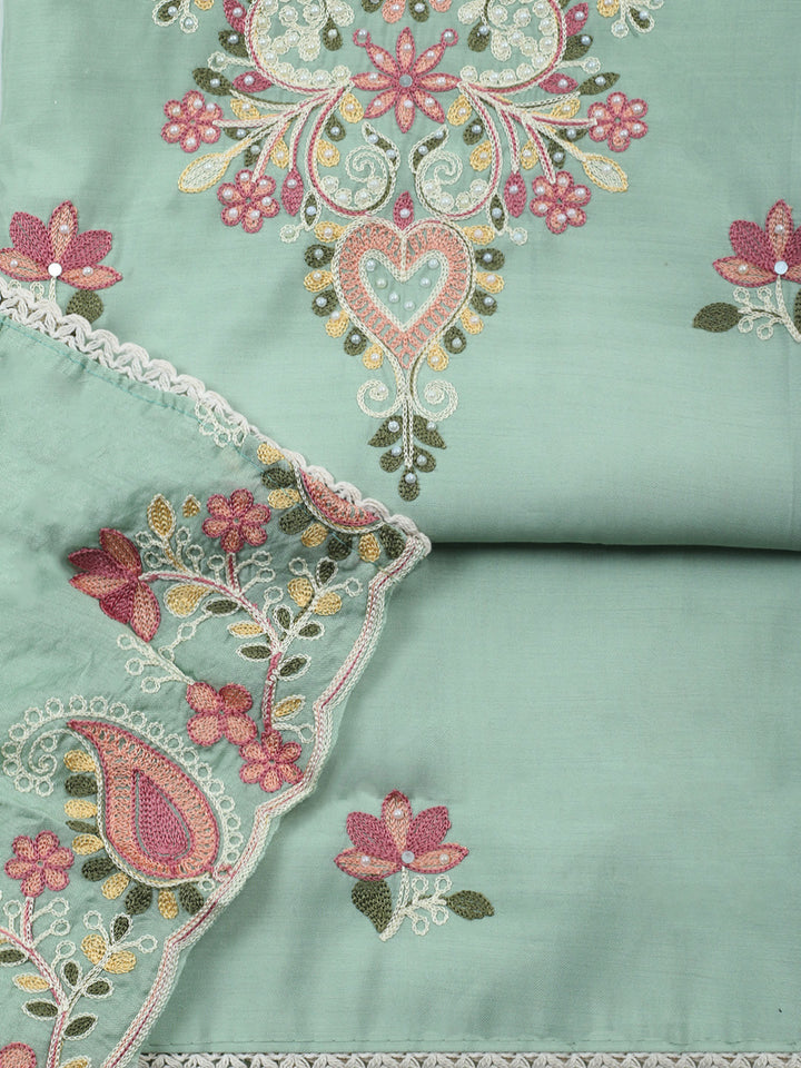 Aqua Green Embroidery Art Silk Unstitched Dress Material