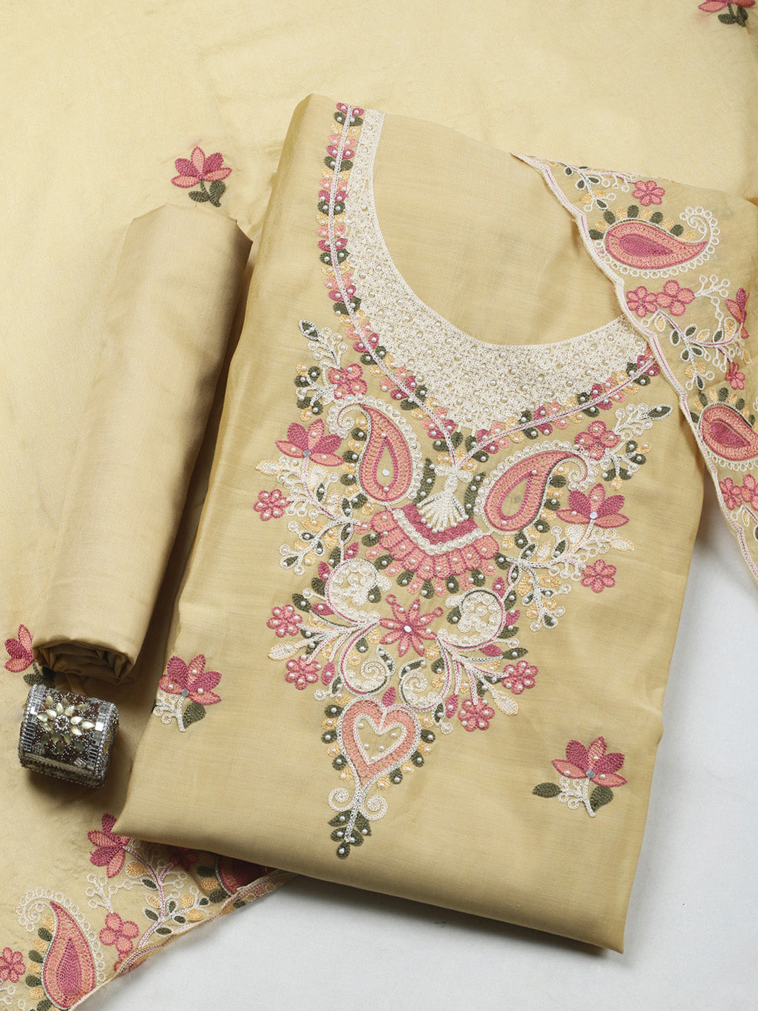 Beige Embroidery Art Silk Unstitched Dress Material