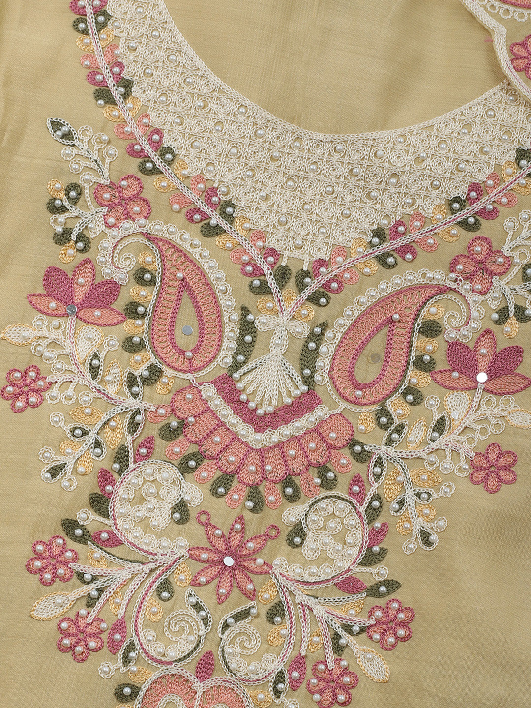 Beige Embroidery Art Silk Unstitched Dress Material