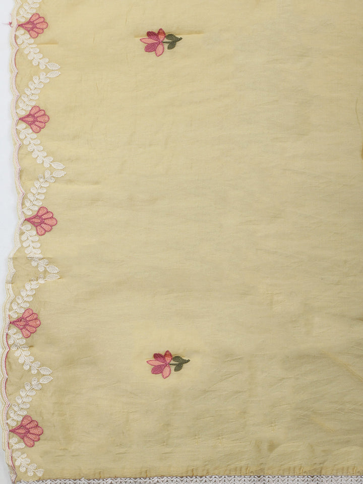 Beige Embroidery Art Silk Unstitched Dress Material