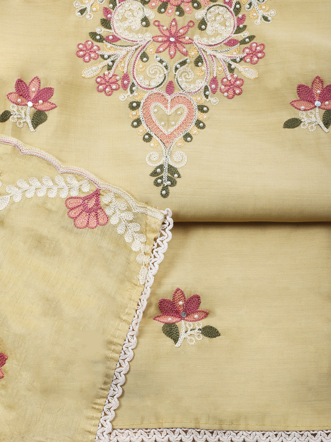 Beige Embroidery Art Silk Unstitched Dress Material