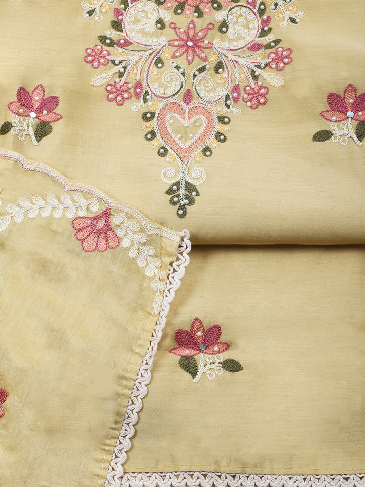 Beige Embroidery Art Silk Unstitched Dress Material