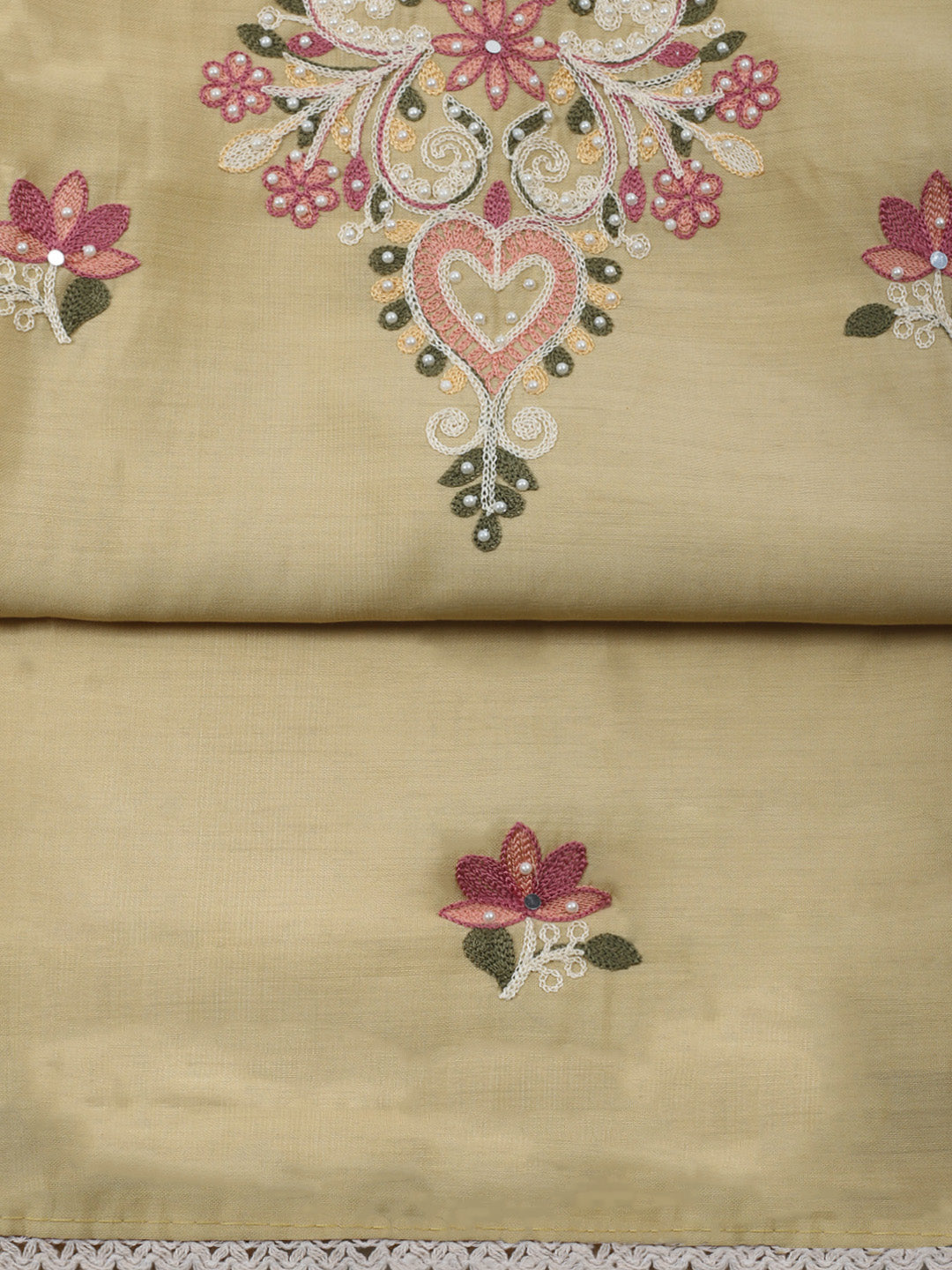 Beige Embroidery Art Silk Unstitched Dress Material