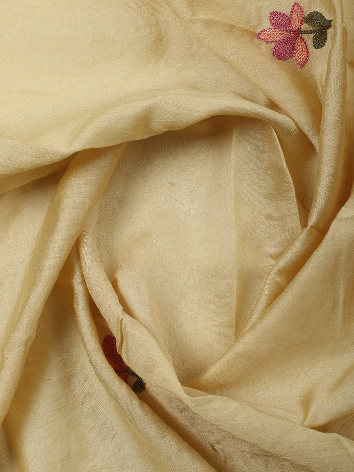 Beige Embroidery Art Silk Unstitched Dress Material