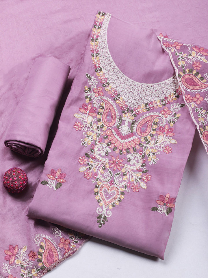 Pink Lavender Embroidery Art Silk Unstitched Dress Material