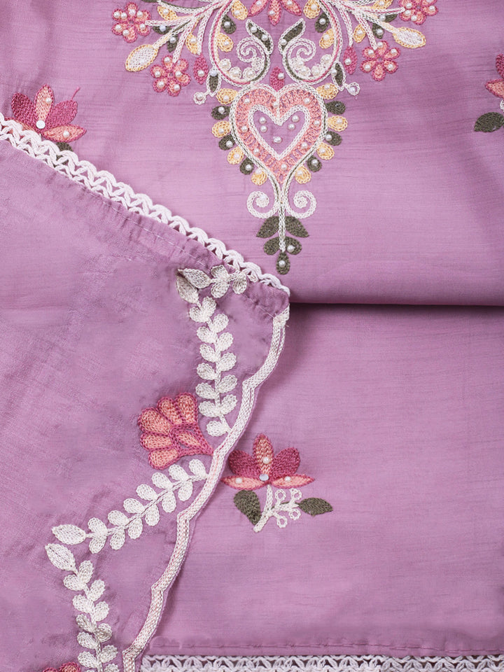 Pink Lavender Embroidery Art Silk Unstitched Dress Material