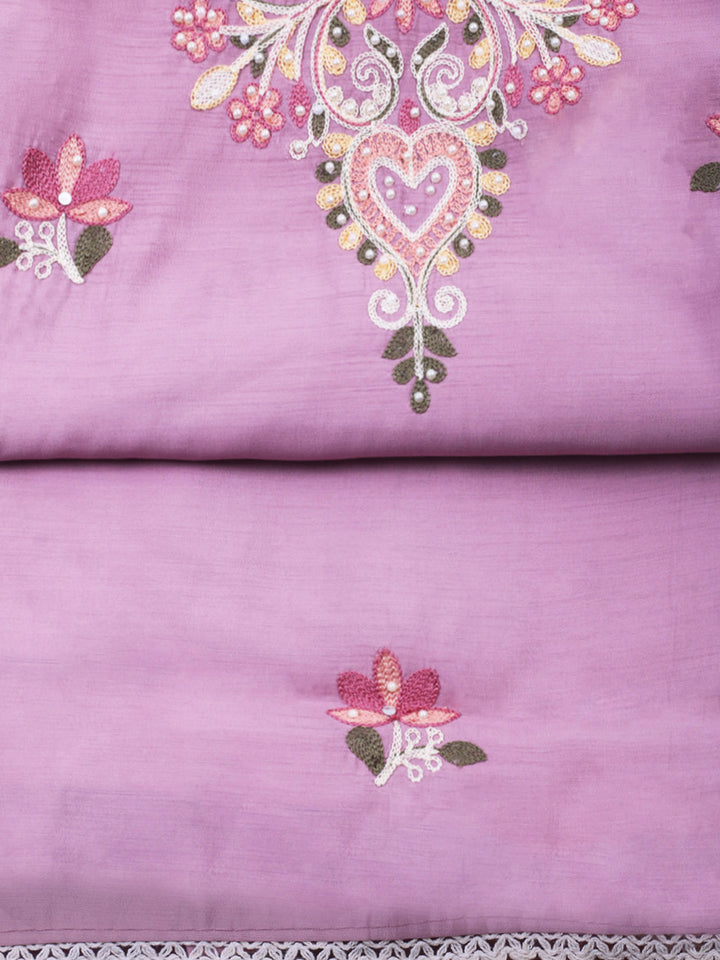 Pink Lavender Embroidery Art Silk Unstitched Dress Material