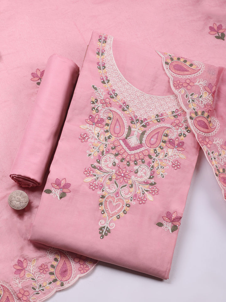 Pink Embroidery Art Silk Unstitched Dress Material