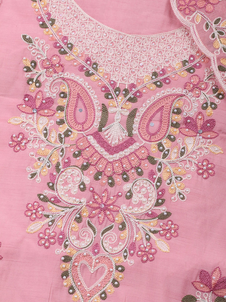 Pink Embroidery Art Silk Unstitched Dress Material