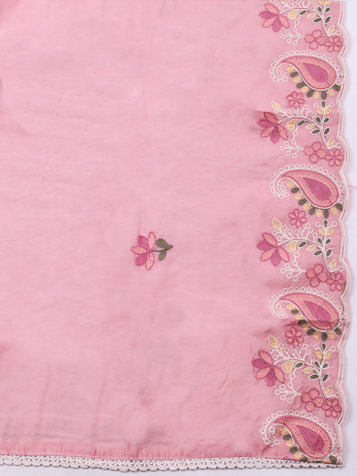 Pink Embroidery Art Silk Unstitched Dress Material