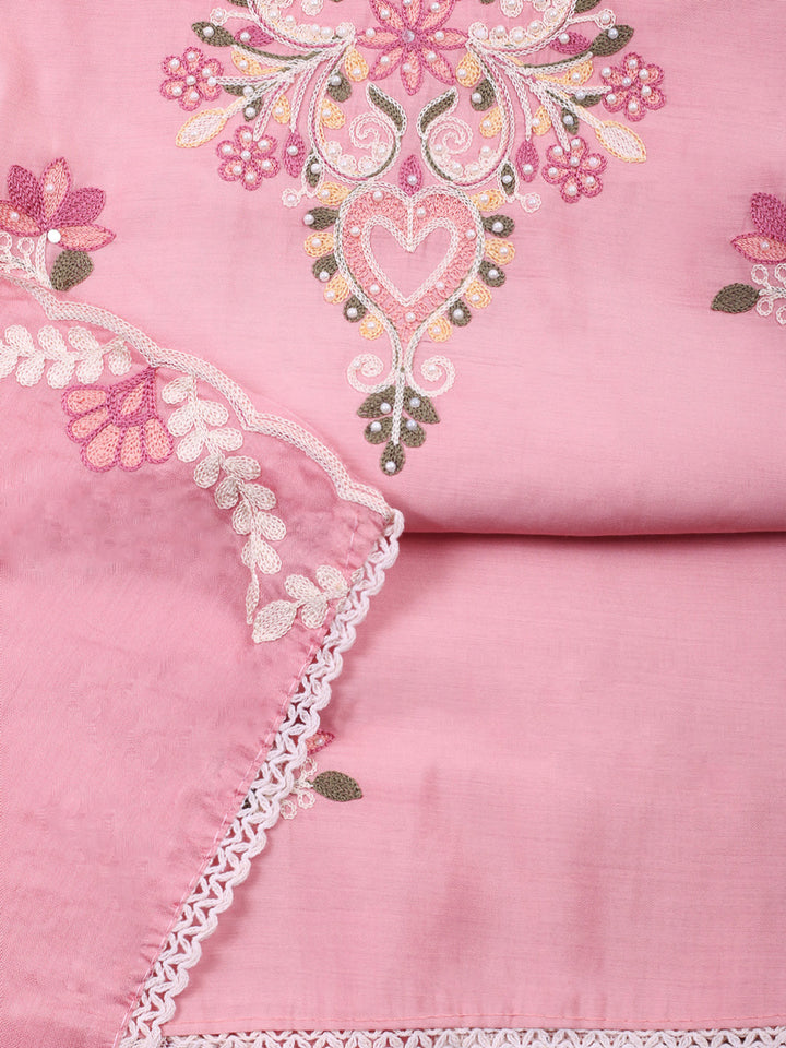 Pink Embroidery Art Silk Unstitched Dress Material