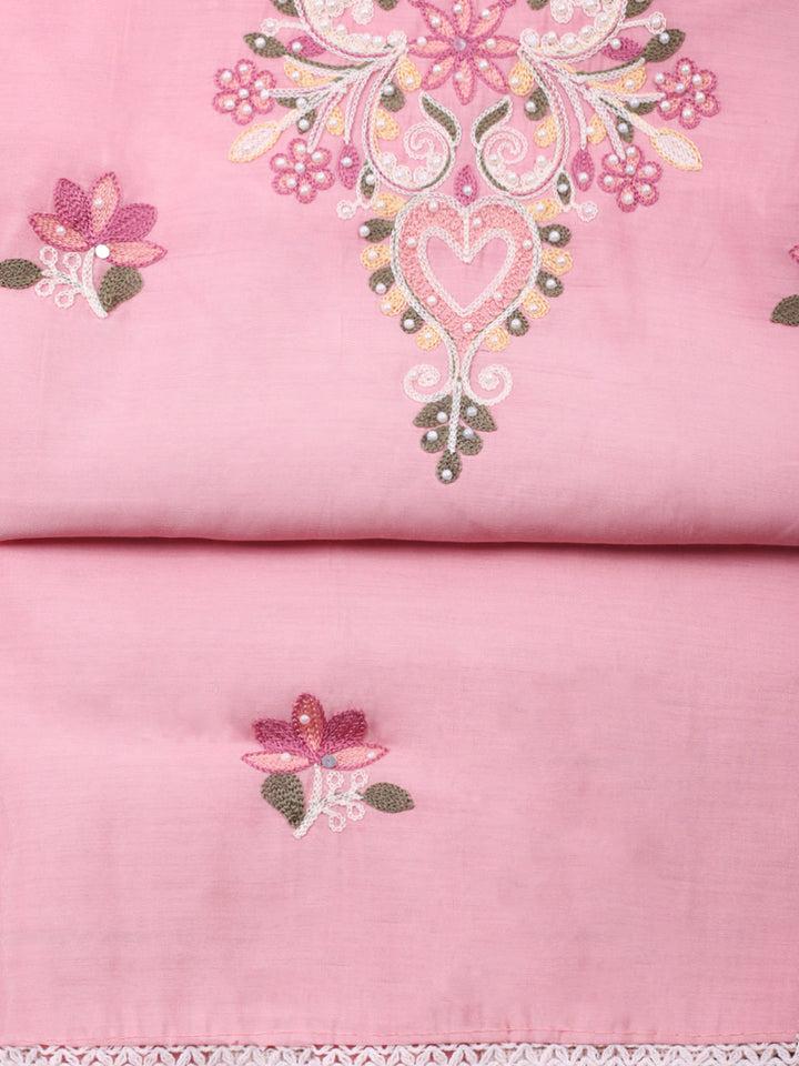 Pink Embroidery Art Silk Unstitched Dress Material