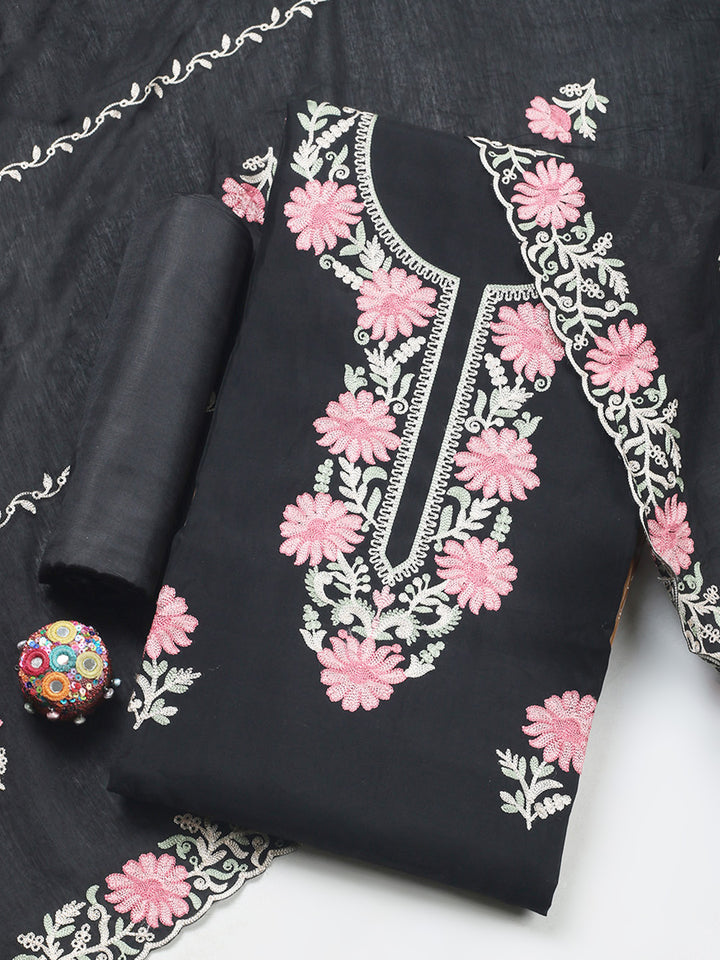 Black Embroidery Art Silk Unstitched Dress Material