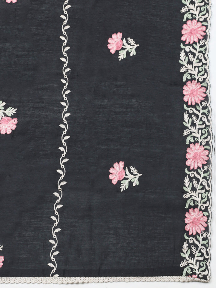Black Embroidery Art Silk Unstitched Dress Material