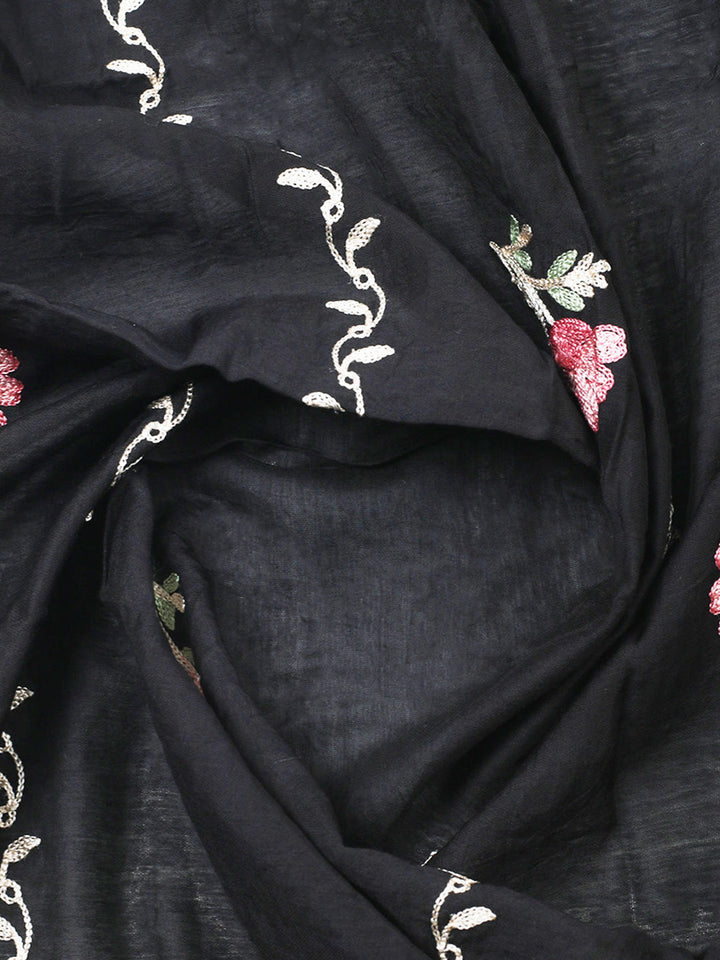 Black Embroidery Art Silk Unstitched Dress Material